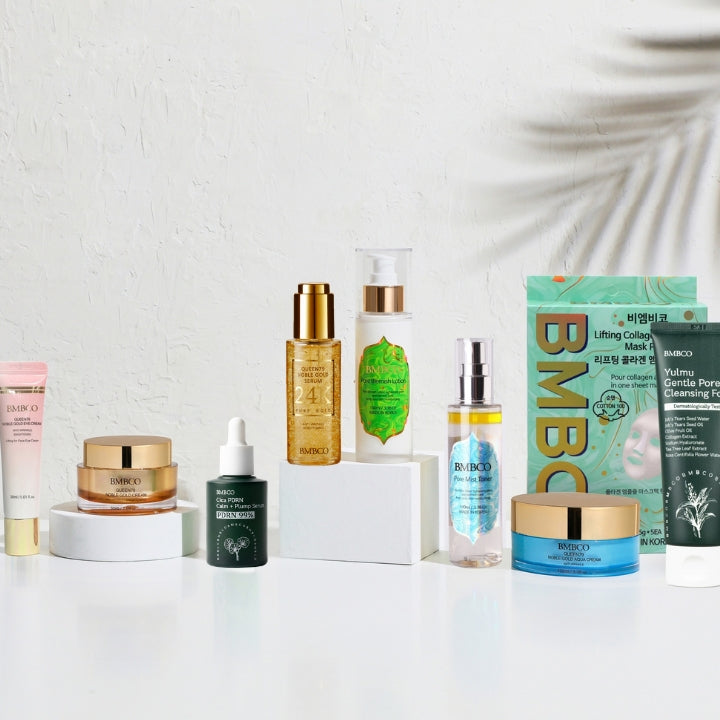 BMBCO Korean Skincare Collection including serum, cream, eye cream, mist toner, cleansing foam and sheet mask